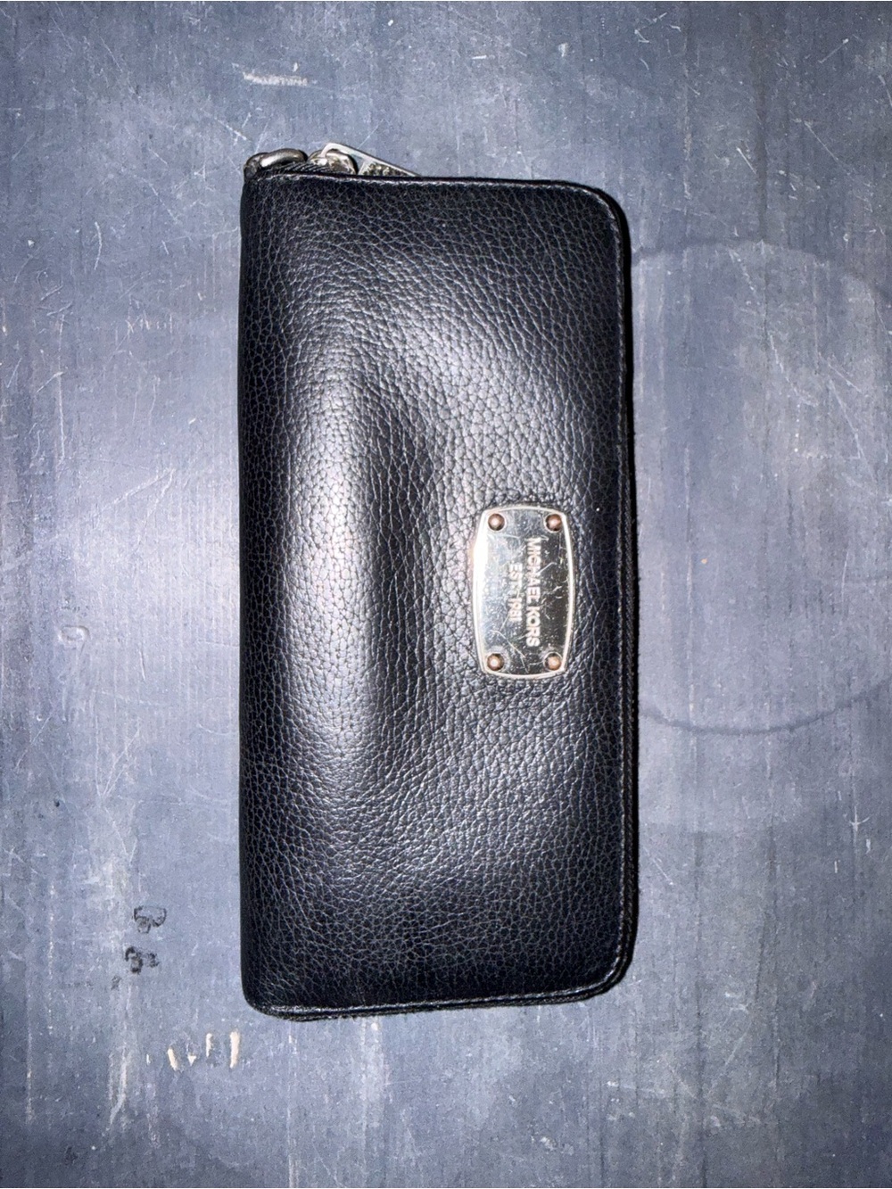 Michael Kors Black Pebble Leather Zip Wallet with Logo Plaque